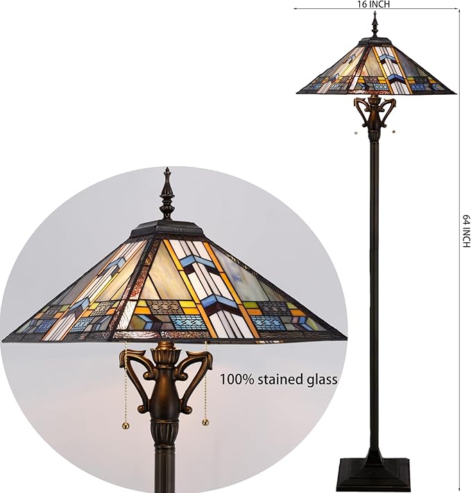 Tiffany Floor Lamp Mission Style Stained Glass Standing Reading Light 16X16X64 Inch Blue Cloudy - LeafyLoom