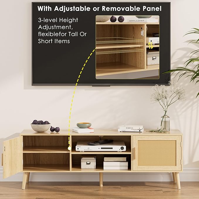 Tv Stand,Entertainment Center with Storage Cabinet, Mid Century Modern Media Console Table, Adjustable Hinge, Wooden Television Furniture for Living Room,Oak - LeafyLoom