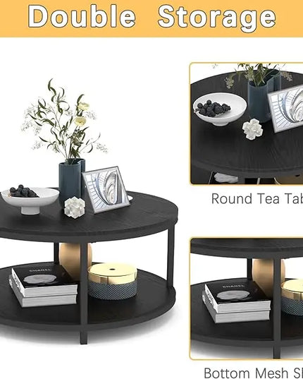 NSdirect 36 inches Round Coffee Table, Rustic Wooden Surface Top & Sturdy Metal Legs Industrial Sofa Table for Living Room Modern Design Home Furniture with Storage Open Shelf (Black) - LeafyLoom