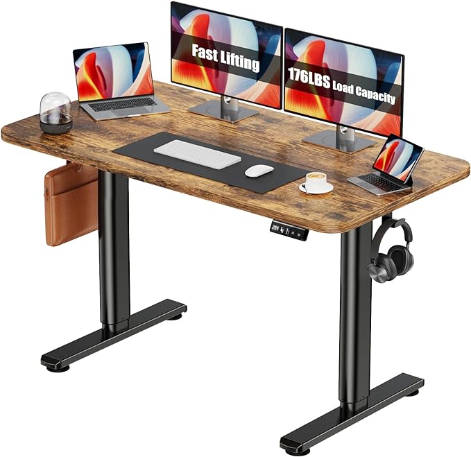 Electric Standing Desk Adjustable Height Stand Up Desk, 48" x 24" Sit Stand Desk, Low Noise Home Office Desk, Computer Desk with Splice Board, Child Lock & Memory Function, Rustic Brown - LeafyLoom