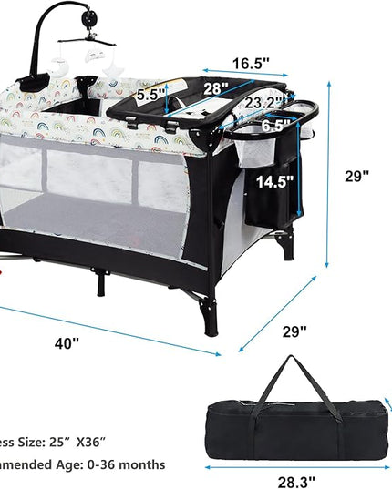 Kinder King 4 in 1 Portable Nursery Center, Foldable Baby Bedside Crib w/Bassinet, Infant Pack n Play Playard Toddler Large Playpen, Newborn Changing Table, Storage Basket, Side Zipper,Multicolour - LeafyLoom