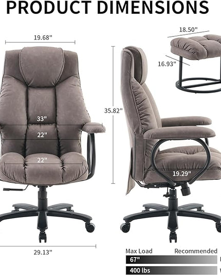 Office Chair Big and Tall, High Back Home Office Chair 400 lbs, Executive Office Chair with Ottoman, Ergonomic Office Chair with Padded Armrest, Swivel Computer Chair PU Leather (Grey) - LeafyLoom