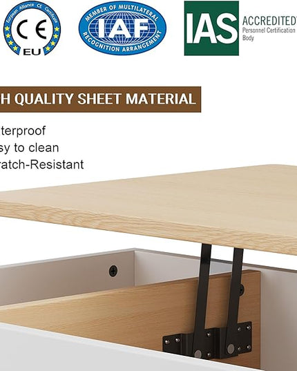 Shintenchi Coffee Table, Lift Top Coffee Table with Hidden Compartment, Rising Tabletop Dining Table, Lift Top Coffee Center Table for for Living Room, Office, Home (Oak) - LeafyLoom