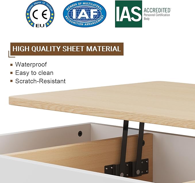Shintenchi Coffee Table, Lift Top Coffee Table with Hidden Compartment, Rising Tabletop Dining Table, Lift Top Coffee Center Table for for Living Room, Office, Home (Oak) - LeafyLoom