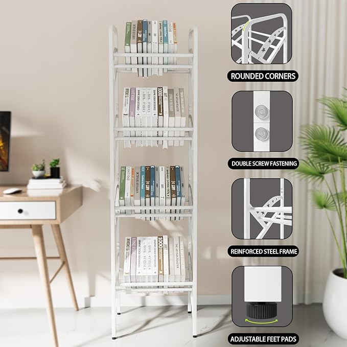 Bookshelf Storage Shelf Bookcase Freestanding Storage Stand Book Organizer for Living Room, Bedroom, Kitchen, Rust Resistance,Easy Assembly Multi-Functional Organizer (4 Tiers, White) - LeafyLoom