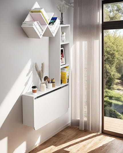 Folding Wall Mounted Drop Leaf Table, Foldable Desk with Moveable Cabinets, Floating Laptop with Convertible Storage Shelves, Multifunctional Computer Workstation in Home for Space Saving - LeafyLoom