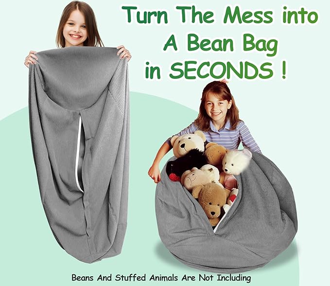 Stuffed Animal Storage Bean Bag Chair Cover (No Filler) Organizing Children's Plush Toys for Kids and Adults Keep your Memory Foam More Organized Gray - LeafyLoom