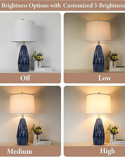 Modern Table Lamps, 25" Ceramic Bedside Lamps Blue Decor Lamp for Living Room End Table Lamp Tall Nightstand Lamps for Bedrooms |3-Way Dimmable Farmhouse Desk Lamps for Home Office Reading, Navy Blue - LeafyLoom