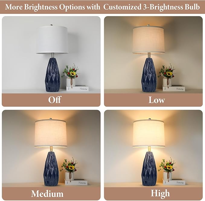 Modern Table Lamps, 25" Ceramic Bedside Lamps Blue Decor Lamp for Living Room End Table Lamp Tall Nightstand Lamps for Bedrooms |3-Way Dimmable Farmhouse Desk Lamps for Home Office Reading, Navy Blue - LeafyLoom