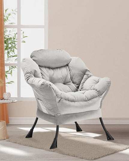 Lazy Chair Thick Padded, Accent Chair Velvet Upholstered with Wide Seat, Stable Metal Frame and Non-Slip Pad, Modern Sofa Armchair with Side Storage Bag for Dorm, Room, Office, Light Gray - LeafyLoom