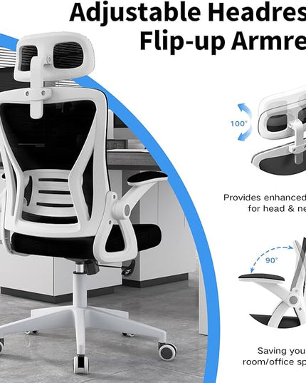 Ergonomic Office Chair, Mid Back Desk Chair with Adjustable Height, Swivel Chair with Flip-Up Arms and Lumbar Support, Breathable Mesh Computer Chair with Headrest (White and Black) - LeafyLoom