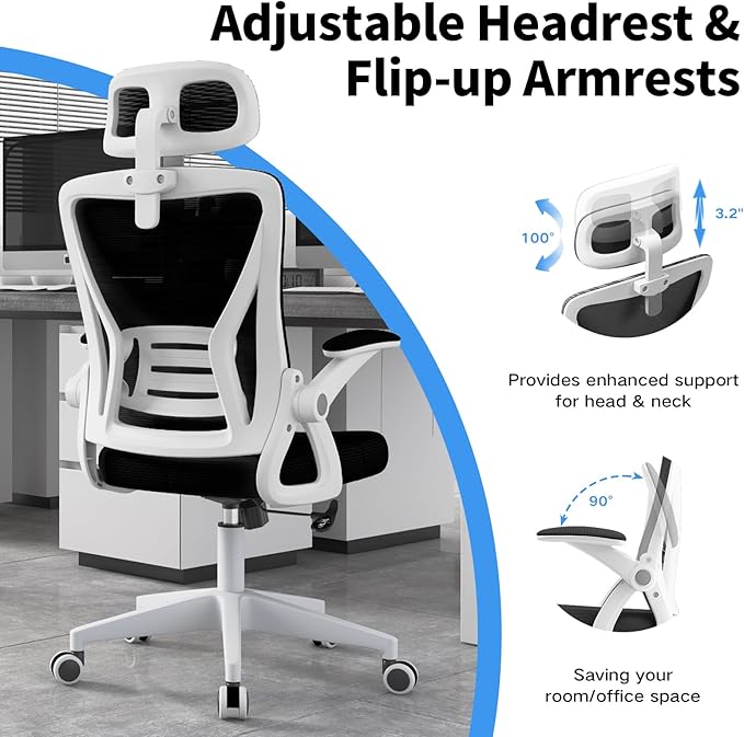Ergonomic Office Chair, Mid Back Desk Chair with Adjustable Height, Swivel Chair with Flip-Up Arms and Lumbar Support, Breathable Mesh Computer Chair with Headrest (White and Black) - LeafyLoom