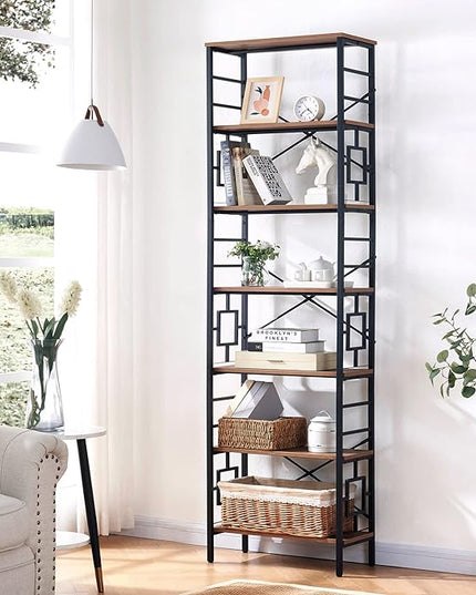 HOMISSUE Tall Bookshelf, Industrial 7-Tier Bookshelf with Unique Design, Open Bookshelves and Bookcases, Freestanding Book Shelf Bookcase for Living Room, Home Office and Bedroom, Rustic Brown - LeafyLoom