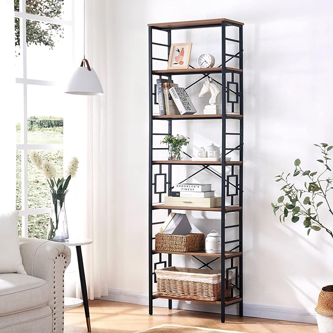 HOMISSUE Tall Bookshelf, Industrial 7-Tier Bookshelf with Unique Design, Open Bookshelves and Bookcases, Freestanding Book Shelf Bookcase for Living Room, Home Office and Bedroom, Rustic Brown - LeafyLoom