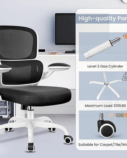 Office Chair, Ergonomic Desk Chair with Lumbar Support and Adjustable Armrests, Comfy Desk Chair Breathable Mesh Mid Back Computer Chair, Reclining Office Chair for Home Office - White - LeafyLoom