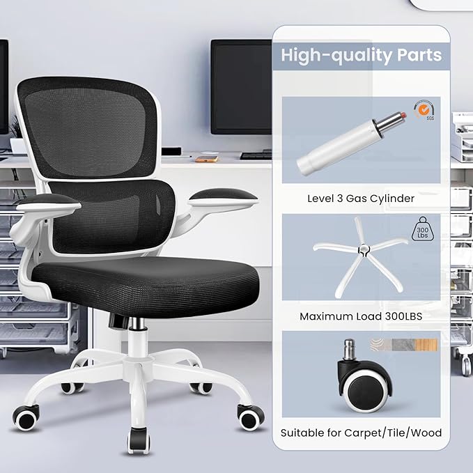 Office Chair, Ergonomic Desk Chair with Lumbar Support and Adjustable Armrests, Comfy Desk Chair Breathable Mesh Mid Back Computer Chair, Reclining Office Chair for Home Office - White - LeafyLoom