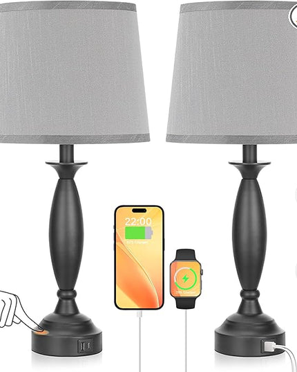 Grey Lamps for Bedrooms Set of 2 - Touch Control Bedside Lamp with USB C+A, 3 Way Dimmable Nightstand Lamps with USB Port, Table Lamp for Living Room(Grey Shade and Black Base) - LeafyLoom