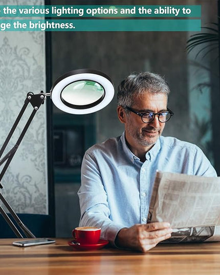HITTI 5X Magnifying Glass with Light with Clamp, 3 Color Modes Stepless Dimmable Magnifying Lamp, 72 LEDs Real Glass Lens Magnifier with Light and Stand for Close Work Craft Hobby Reading Workbench - LeafyLoom