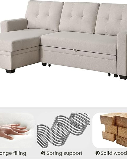 L Shape Sleeper Sofa Bed with Storage, Large Full Size Pull Out Sectional Couch, Futon Chaise Lounge Recliner for Living Room, Apartment, Bedroom, Office, Beige - LeafyLoom