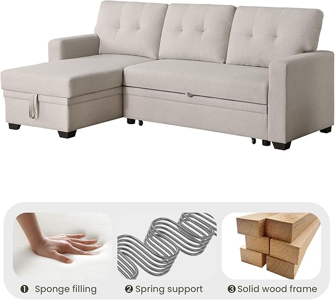 L Shape Sleeper Sofa Bed with Storage, Large Full Size Pull Out Sectional Couch, Futon Chaise Lounge Recliner for Living Room, Apartment, Bedroom, Office, Beige - LeafyLoom