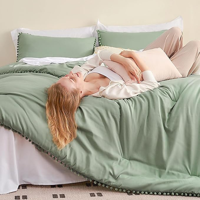 Litanika King Size Comforter Set Sage Green,3 Pieces Sage Green Boho Pom Pom Lightweight Bed Comforter, All Season Soft Solid Color Bedding Comforter Sets (1 Comforter 104x90 Inch, 2 Pillowcases) - LeafyLoom