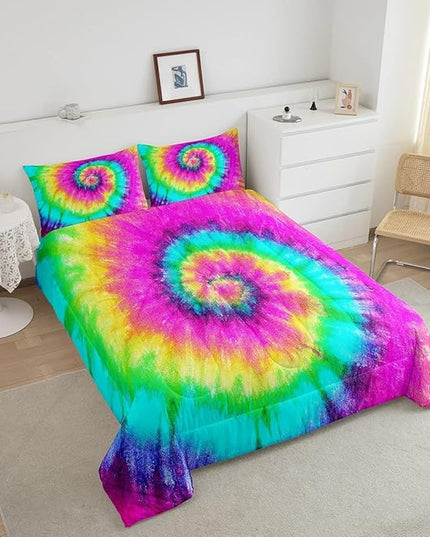3 Piece Rainbow Tie Dye Comforter Set with 2 Pillowcases Boho Psychedelic Bedding Set for Kids Girls Teens Bohemian Gypsy Exotic Spiral Quilted Duvet Soft Comfy, Watercolor Art Down Comforter,King - LeafyLoom