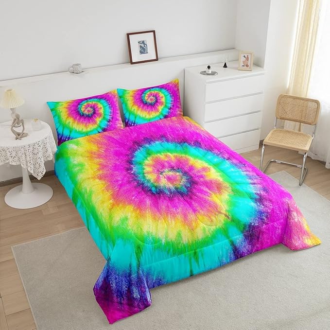 3 Piece Rainbow Tie Dye Comforter Set with 2 Pillowcases Boho Psychedelic Bedding Set for Kids Girls Teens Bohemian Gypsy Exotic Spiral Quilted Duvet Soft Comfy, Watercolor Art Down Comforter,King - LeafyLoom