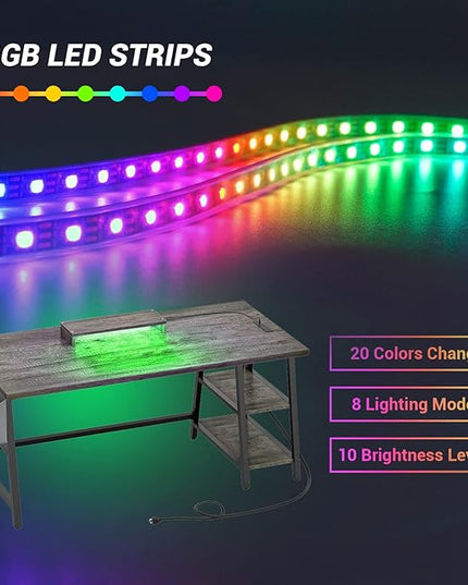 armocity Computer Desk with LED Lights, Reversible Desk with Power Outlet, 55'' Desk with Storage Shelves, Gaming Desk with Moveable Monitor Stand and Storage Bag for Home Office Workstation, Grey - LeafyLoom