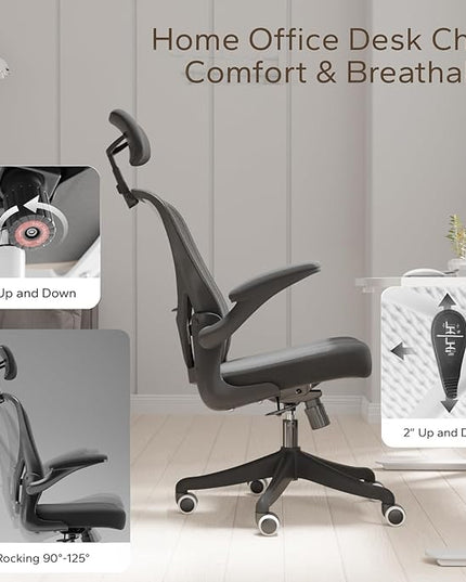Ergonomic Office Chair Home Desk Office Chair with Flip-Armrest & Cushion for Lumbar Support, high Back Computer Chair with Thickened Cushion Desk Chairs Black - LeafyLoom