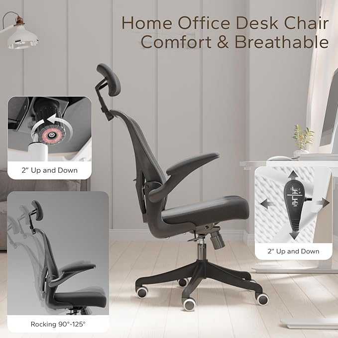 Ergonomic Office Chair Home Desk Office Chair with Flip-Armrest & Cushion for Lumbar Support, high Back Computer Chair with Thickened Cushion Desk Chairs Black - LeafyLoom