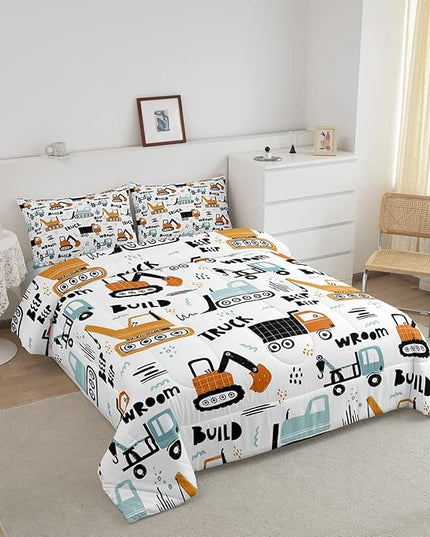 Kids Cartoon Excavator Bedding Set Boys Vehicles Truck Car Comforter Child Cute Building Equipment Comforter Set Funny Construction Transport Duvet Set Colorful Room Decor Full Size Boys - LeafyLoom