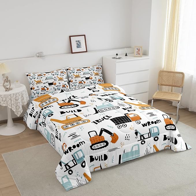 Kids Cartoon Excavator Bedding Set Boys Vehicles Truck Car Comforter Child Cute Building Equipment Comforter Set Funny Construction Transport Duvet Set Colorful Room Decor Full Size Boys - LeafyLoom