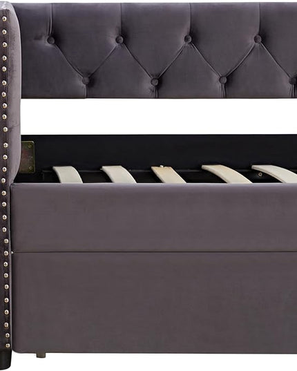 Twin Size Velvet Upholstered Daybed with Twin Trundle, Solid Wood Sofa Bed w/Button Tufted Backrest, for Living Room, Bedroom, Dorm, No Box Spring Needed, Space-Saving Design, Grey - LeafyLoom