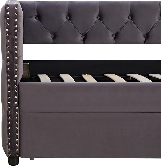 Twin Size Velvet Upholstered Daybed with Twin Trundle, Solid Wood Sofa Bed w/Button Tufted Backrest, for Living Room, Bedroom, Dorm, No Box Spring Needed, Space-Saving Design, Grey - LeafyLoom