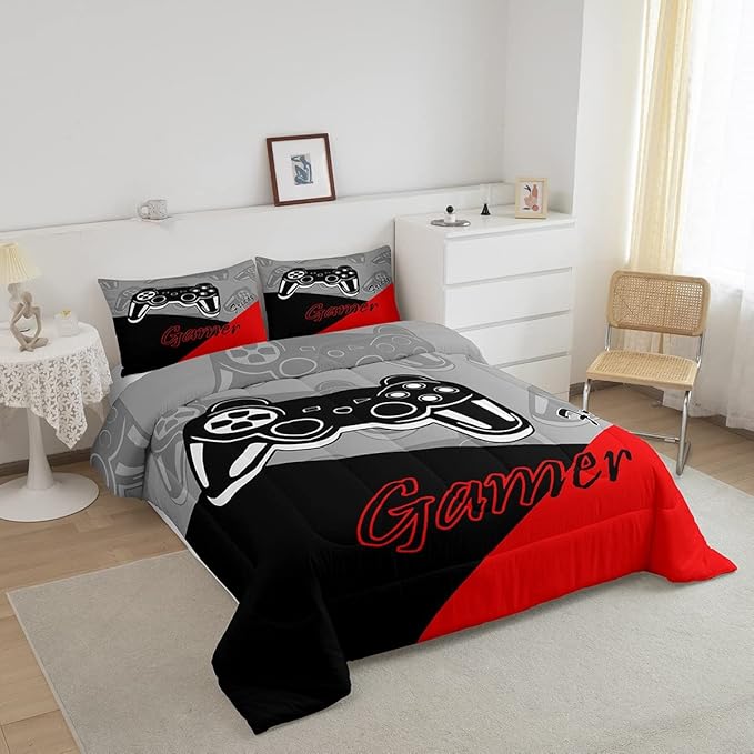 Feelyou Gamer Comforter Set for Boys Teens Gaming Bedding Set Video Game Contoller Home Decor for Kids Down Alternative Comforter Queen Size 3 Pieces 1 Comforter with 2 Pillowcases - LeafyLoom
