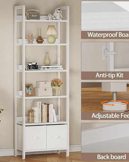 Furologee White 6 Tier Bookshelf with Drawers, Tall 71" Bookcase with Shelves, Modern Wood and Metal Book Shelf Storage Organizer, Display Free Standing Shelf Unit for Bedroom, Living Room, Office - LeafyLoom