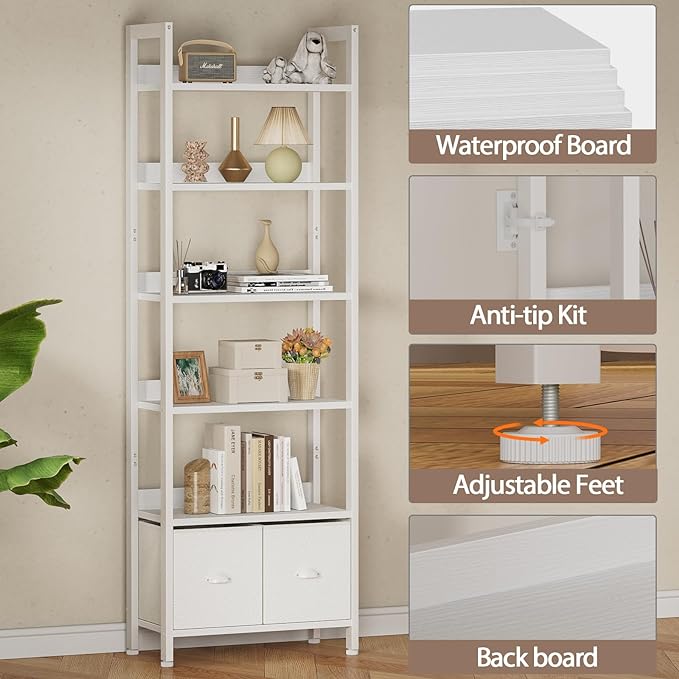Furologee White 6 Tier Bookshelf with Drawers, Tall 71" Bookcase with Shelves, Modern Wood and Metal Book Shelf Storage Organizer, Display Free Standing Shelf Unit for Bedroom, Living Room, Office - LeafyLoom