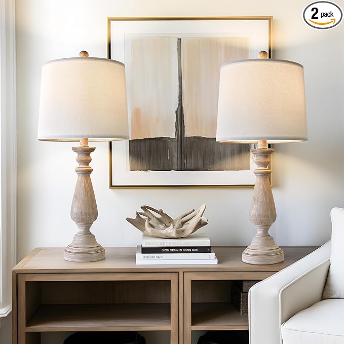 PORTRES 24.5" Mid Century Table Lamp Set of 2 for Living Room Farmhouse Linen Bedside Lamps for Bedroom Kids Room Dorm Office Rustic Lamps for End Table Nigntstand Resin - LeafyLoom