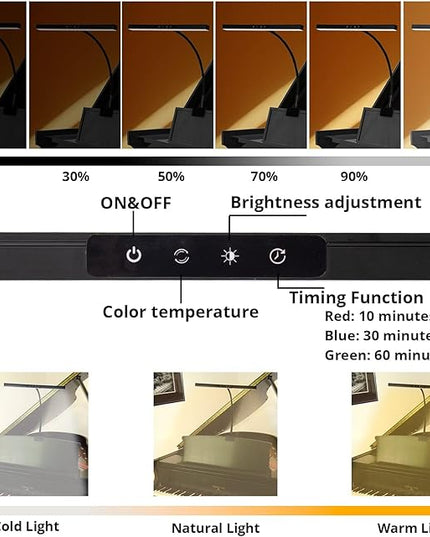 Piano Lamp with 3 Color Modes, Adjustable Height & Direction - Desk Piano Light with Auto-Off Timer - Wide Illumination Music Stand Light for Grand & Digital Pianos - LeafyLoom