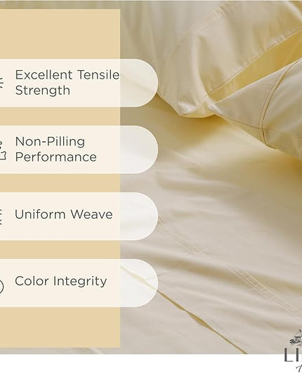 100% Cotton Percale Sheets Twin XL Size, Ivory, Deep Pocket, 4 Pieces Sheet Set - 1 Flat, 1 Deep Pocket Fitted Sheet and 2 Pillowcases, Crisp Cool and Strong Bed Linen - LeafyLoom