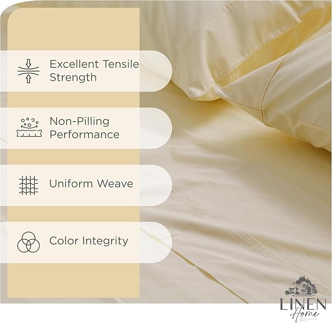 100% Cotton Percale Sheets Twin XL Size, Ivory, Deep Pocket, 4 Pieces Sheet Set - 1 Flat, 1 Deep Pocket Fitted Sheet and 2 Pillowcases, Crisp Cool and Strong Bed Linen - LeafyLoom