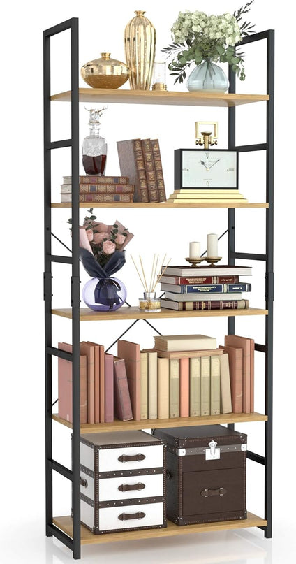NUMENN 5 Tier Bookshelf, Tall Bookcase Shelf Storage Organizer, Modern Book Shelf for Bedroom, Living Room and Home Office, Natural - LeafyLoom