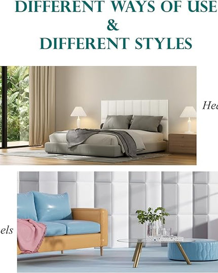Peel and Stick Headboard White Upholstered Wall Panels, 10 Panels Sized 7.8" x 15.7", 3D Anti-Collision Soundproof Self-Adhesive Wall Panel for Bedroom，Living Room - LeafyLoom