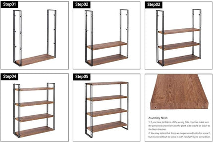 4 Tier Bookshelf Rustic Industrial Bookcase with Modern Open Wood Shelves, Brown - LeafyLoom