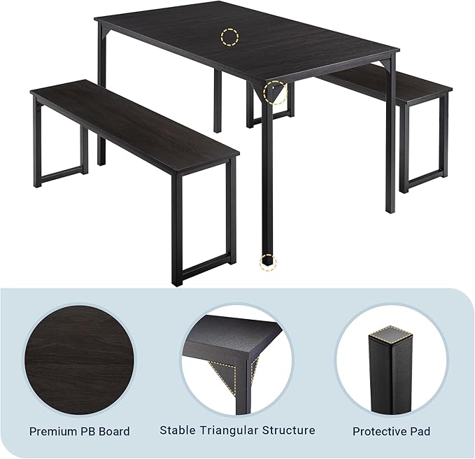Allewie Modern 3-Piece Dining Table Set for 4, Sturdy Metal Frame Structure, Space-Saving for Kitchen/Dining Room/Living Room/Studio, Black/Black - LeafyLoom