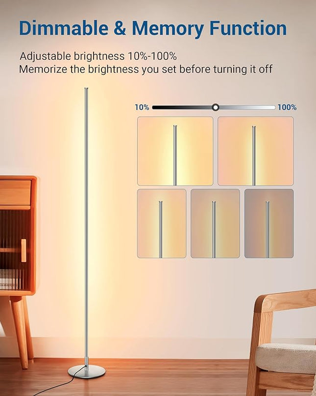 DEWENWILS Minimalist LED Corner Floor Lamp, Set of 2 Slim Dimmable Mood Light, 57.5" Standing Tall Lamp for Living Room, Bedroom, Office, 3000K Warm White Light (Silver) - LeafyLoom