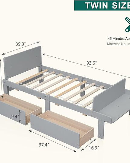 Dolonm Twin Bed Frames for Kids with 2 Drawers, Storage Platform Bed with Footboard Bench, Twin Kids Bed Headboard Frame Pine Wood, High Stable, No Box Spring Needed, Twin Bed for Kids, Grey - LeafyLoom