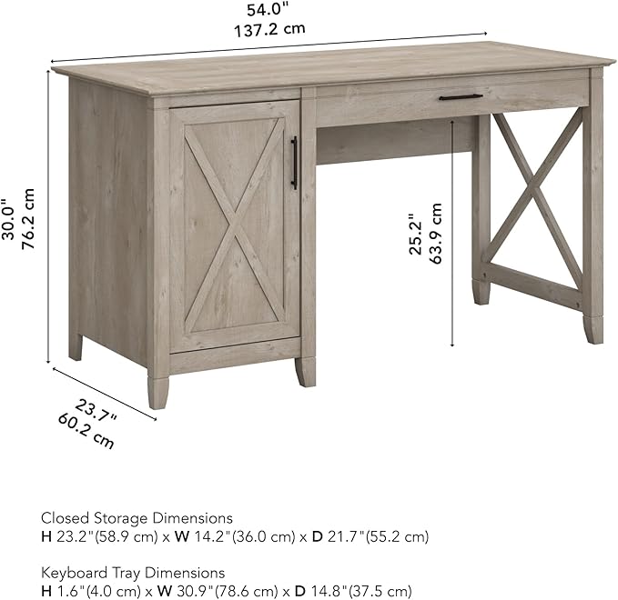 Bush Furniture Key West Computer Desk with Storage | Farmhouse PC Table for Home Office in Washed Gray | 54W x 24D - LeafyLoom