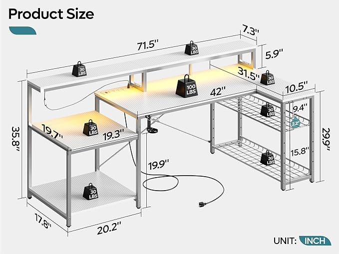 Bestier White Gaming Desk with Power Outlet, 71.5 LED Computer Desk with Monitor Stand, Large L Shaped Desk with Adjustable Shelf, Cup Holder & Headset Hooks, Corner Study Desk for Bedroom - LeafyLoom