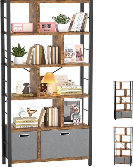 74 Inch Tall Bookshelf, 6 Tier Bookcase with Drawers, Modern Book Shelf Display Standing Shelf Units with Storage, Wood and Metal Bookshelves for Living Room, Bedroom, Home Office, Rustic Brown - LeafyLoom
